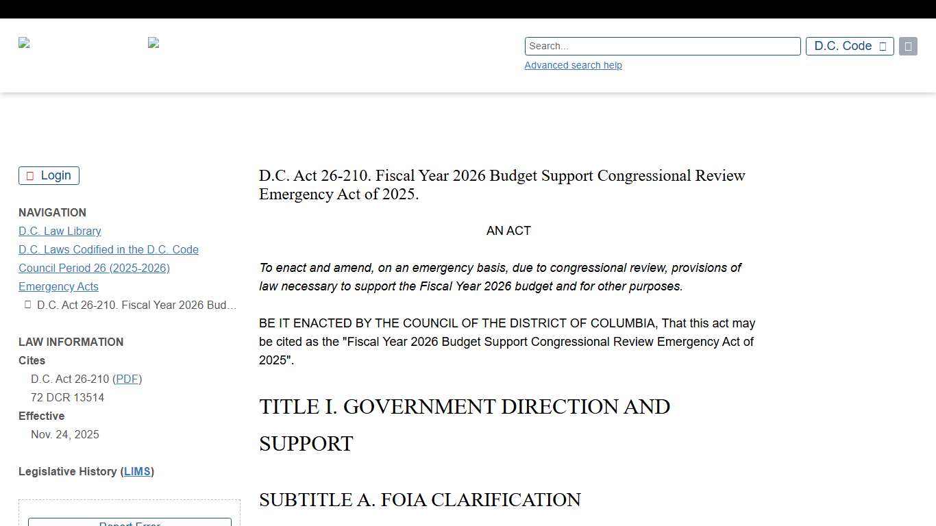 D.C. Act 26-210. Fiscal Year 2026 Budget Support Congressional Review Emergency Act of 2025. D.C. Law Library